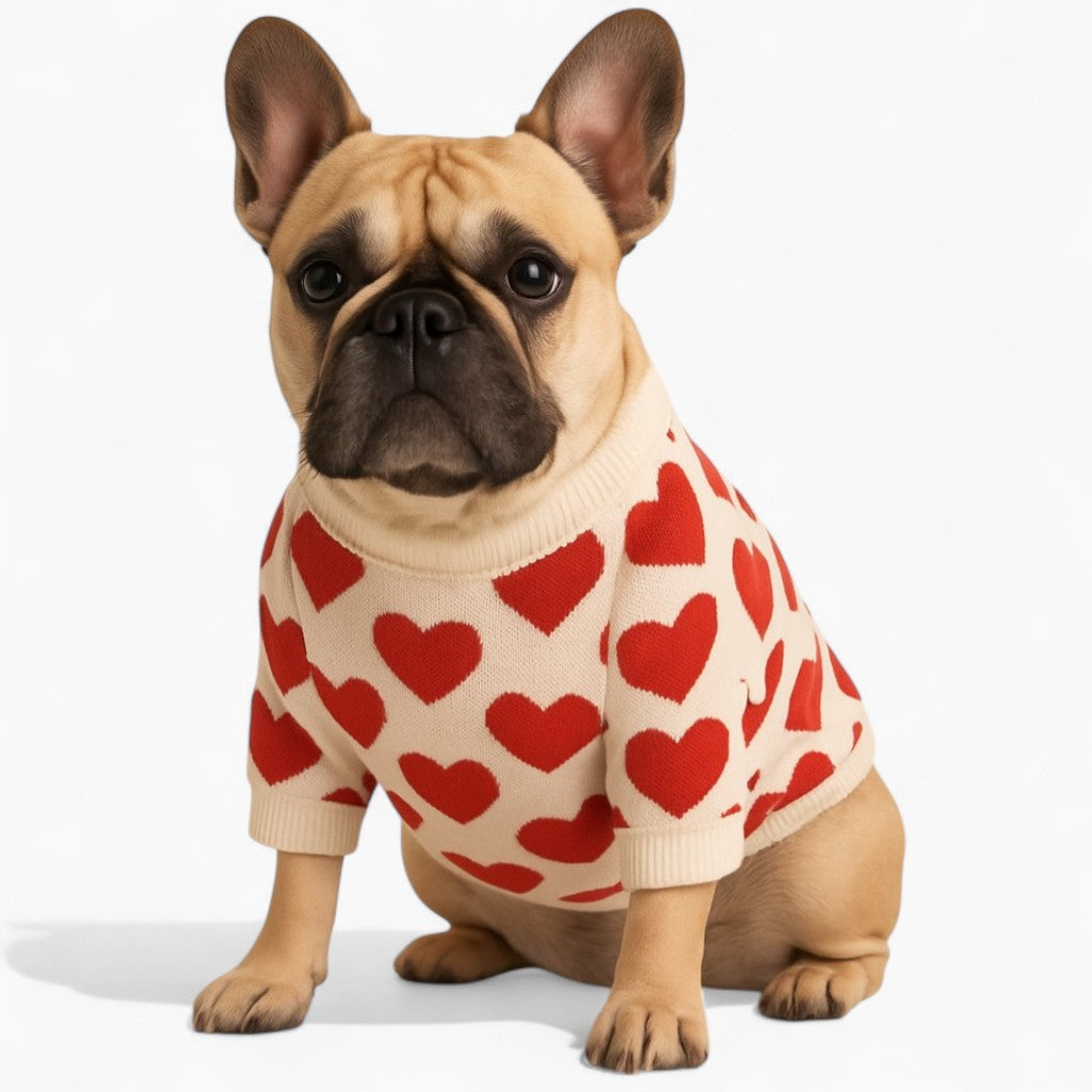 Holly Dog Sweater | Windproof, Trendy Red Heart Print for French Bulldogs 1